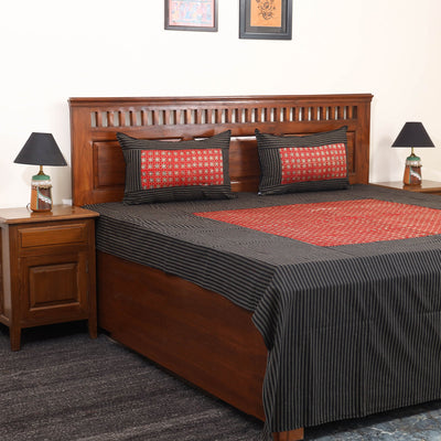 Black Jacquard with Ajrakh Modal Silk Patch Cotton Bedsheet Set