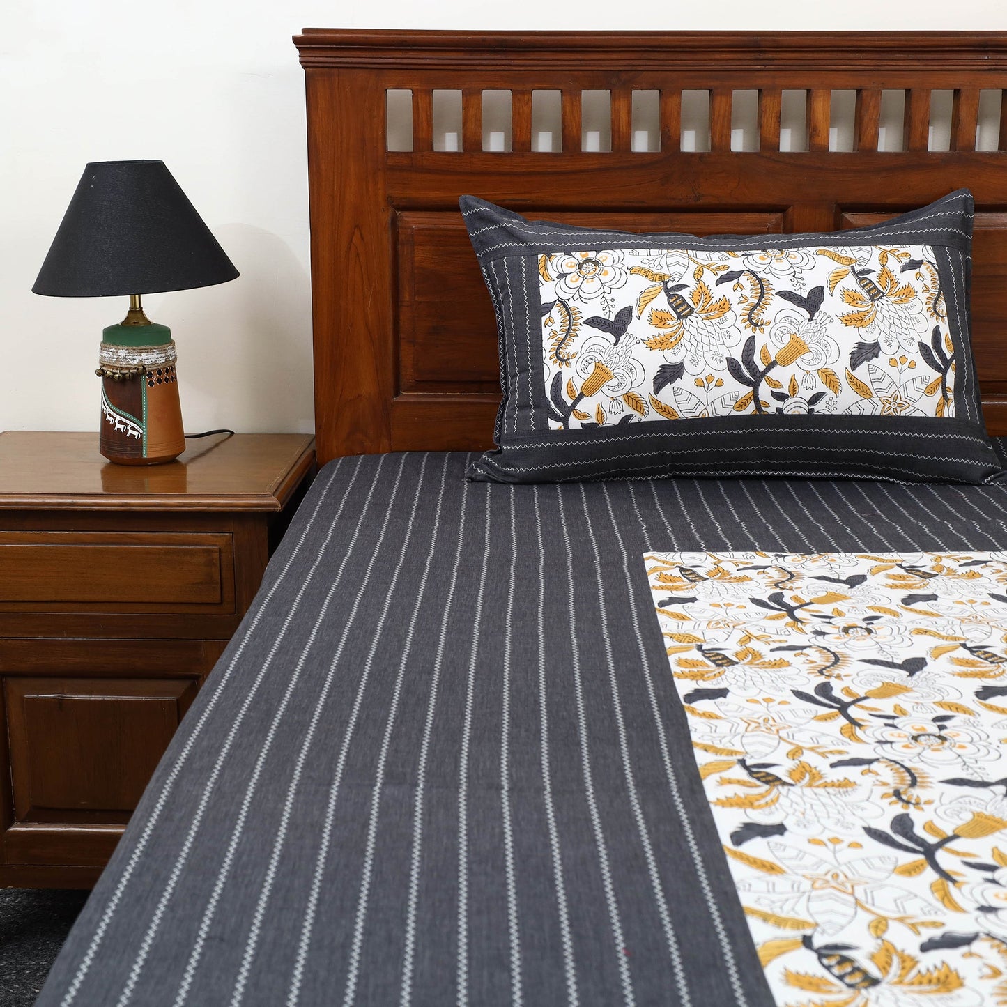 Black Jacquard with Sanganeri Patch Cotton Bedsheet Set