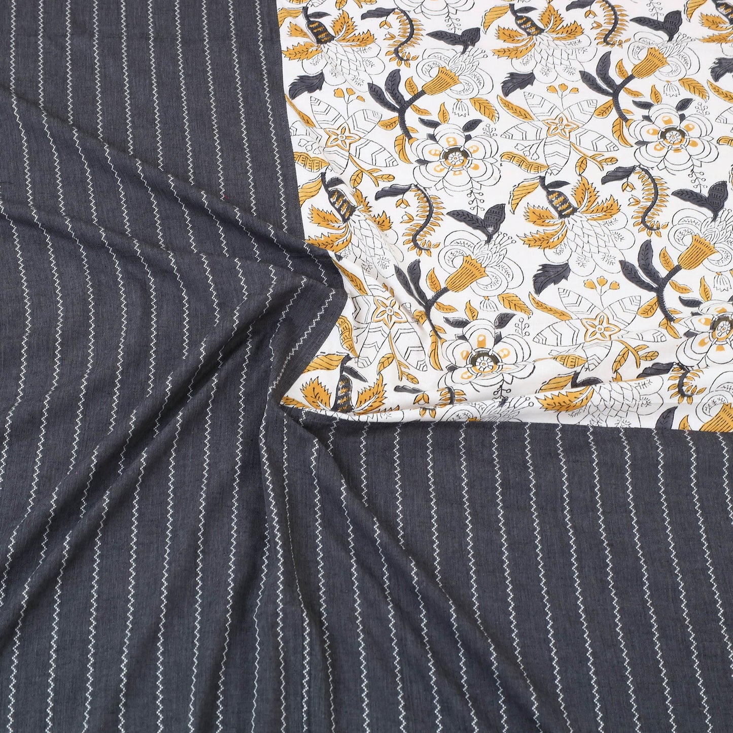 Black Jacquard with Sanganeri Patch Cotton Bedsheet Set