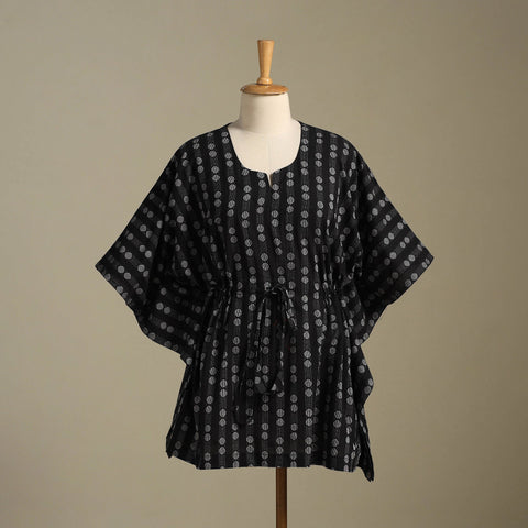Black Jacquard Weave Cotton Kaftan (Short)