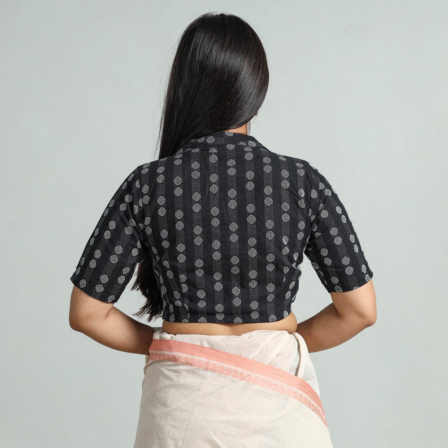 Buy Black Jacquard Weave Cotton Stitched Blouse 