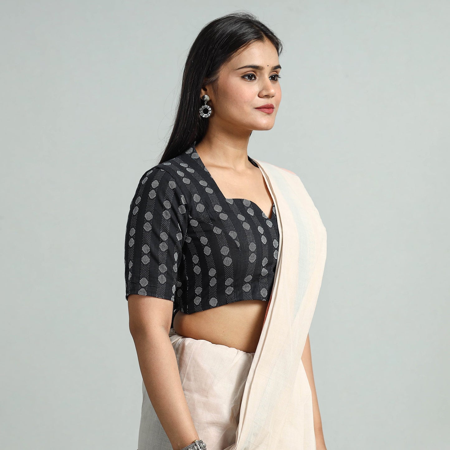 Buy Black Jacquard Weave Cotton Stitched Blouse 