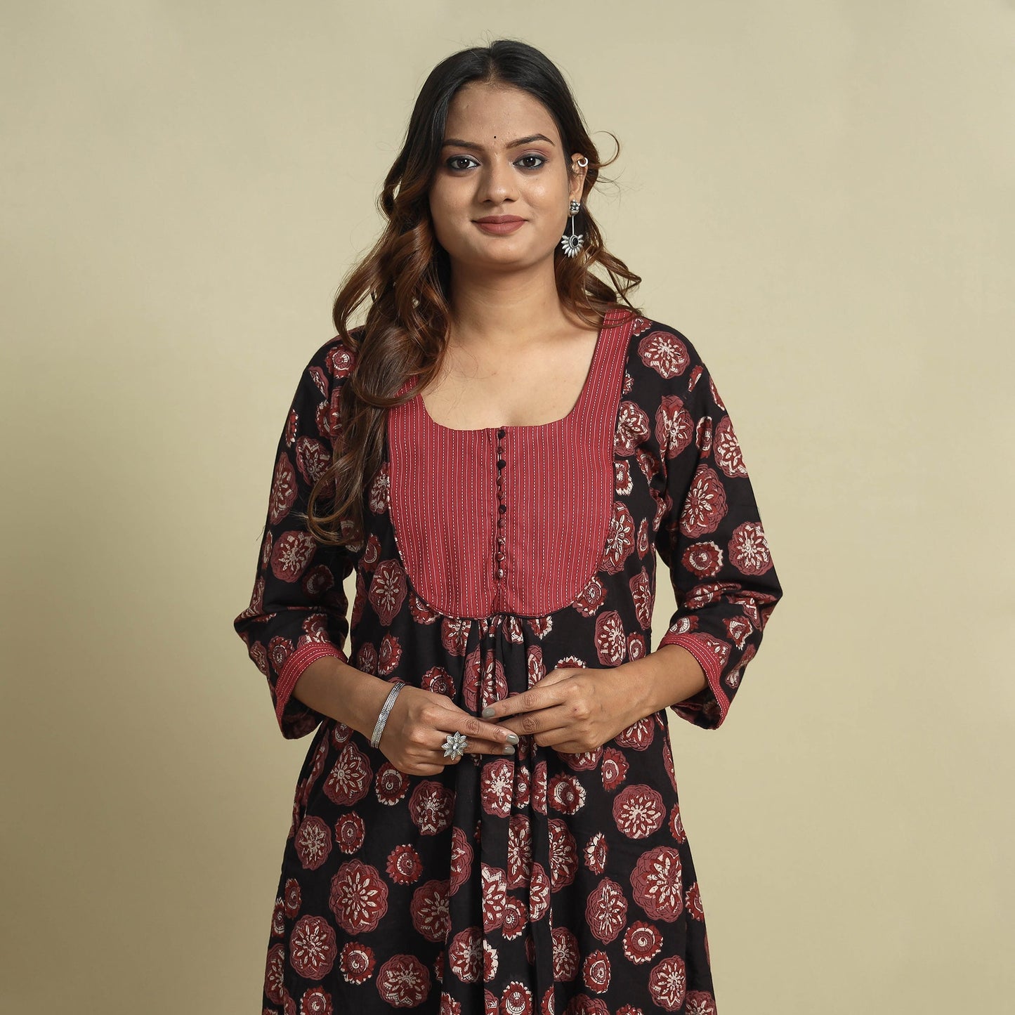 Jahota Block Print Kantha Patchwork Cotton Kurta for Women