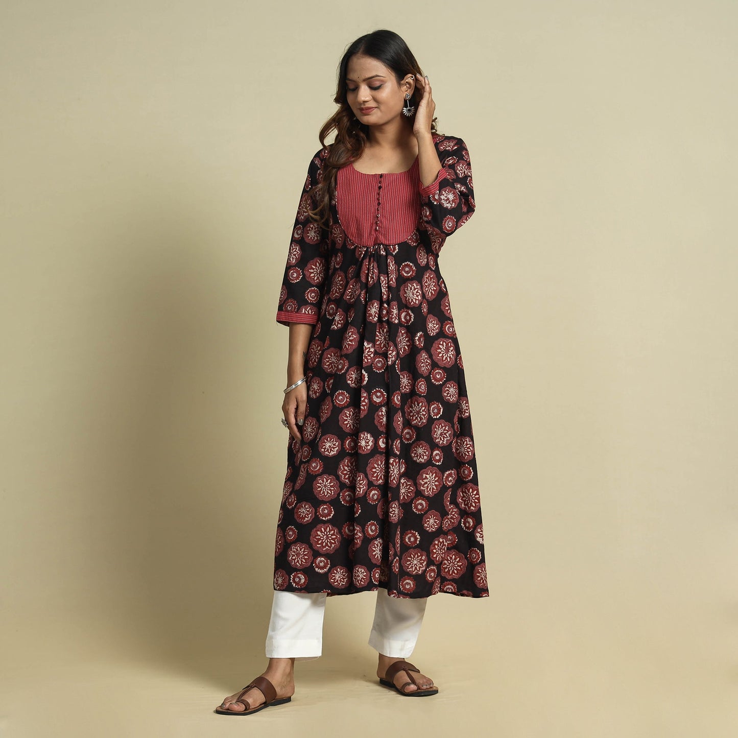 Jahota Block Print Kantha Patchwork Cotton Kurta for Women