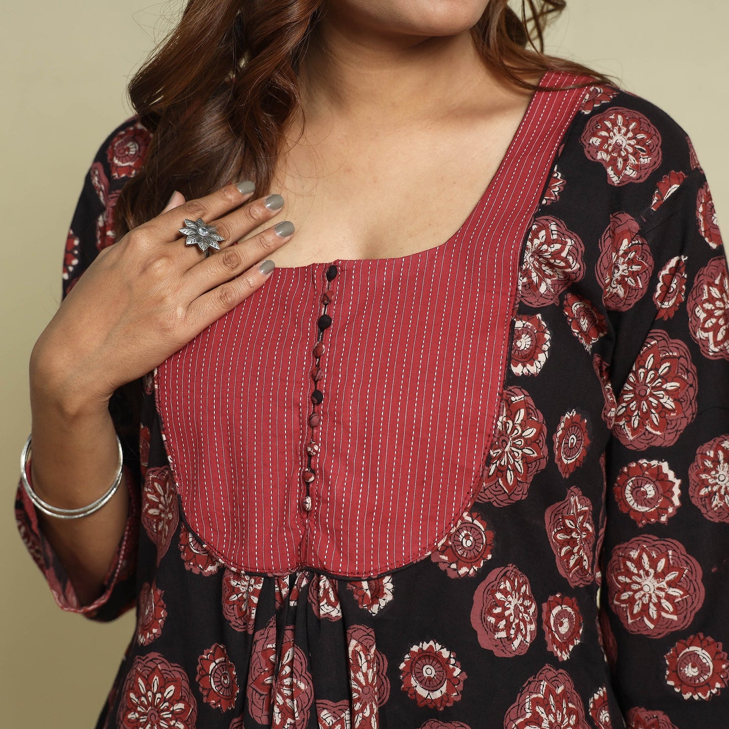 Jahota Block Print Kantha Patchwork Cotton Kurta for Women