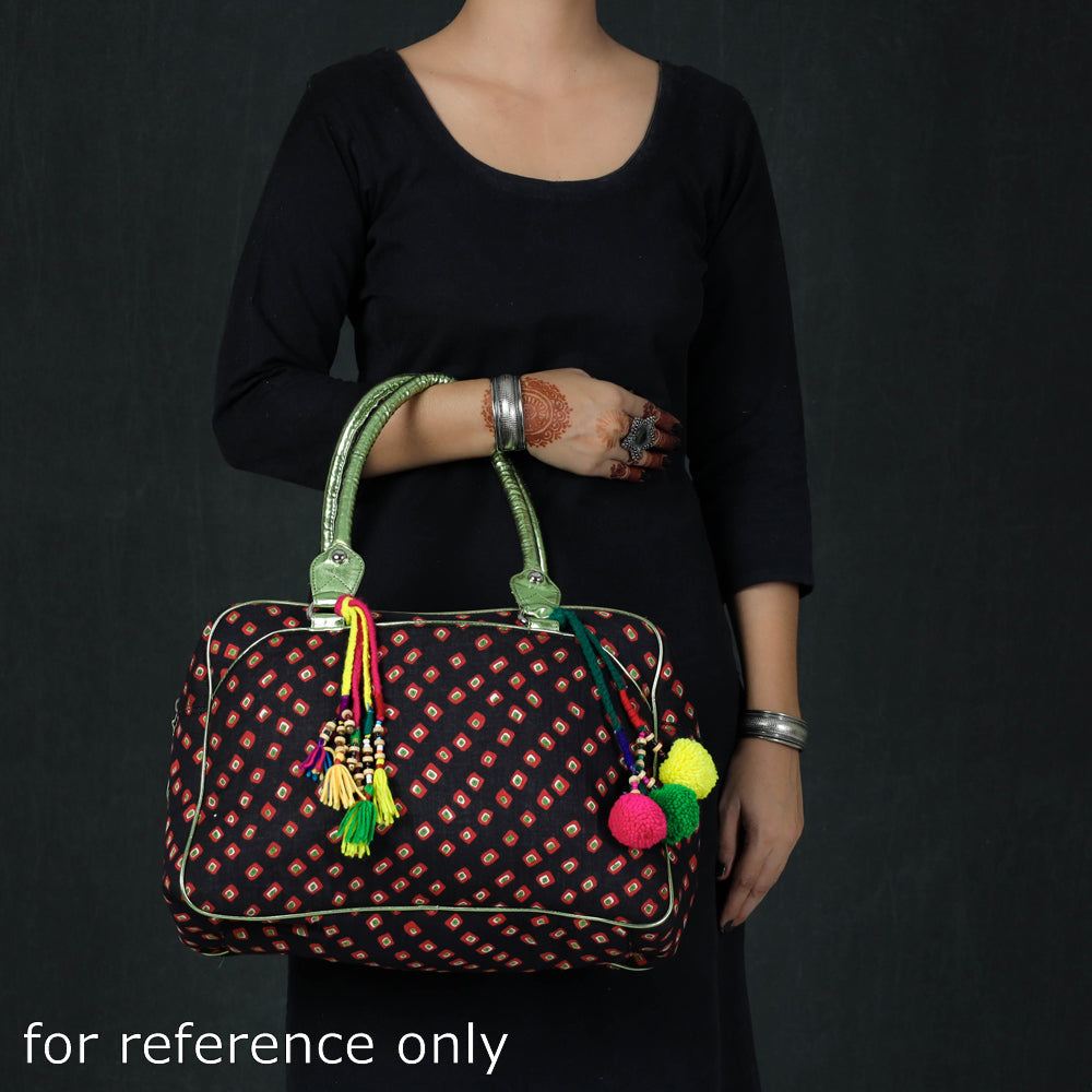 Black Jaipur Multicolour Printed Cotton Handbag with Tassels