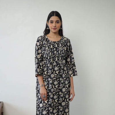  Black Jaipur Print Cotton Pintuck Long Kurta Online