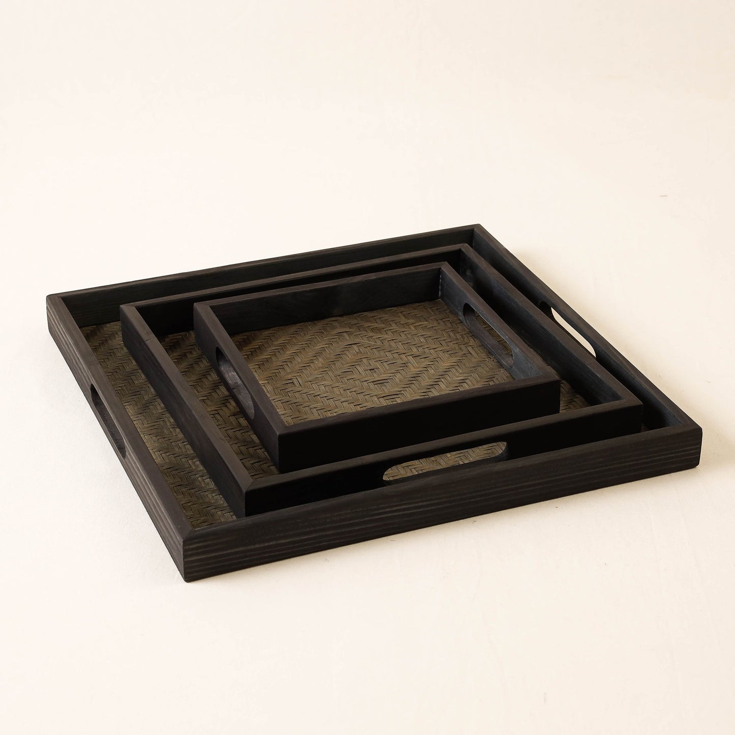 Black Kadam Haat Handmade Bamboo Square Tray (Set of 3)