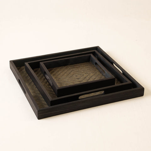 Black Kadam Haat Handmade Bamboo Square Tray (Set of 3)
