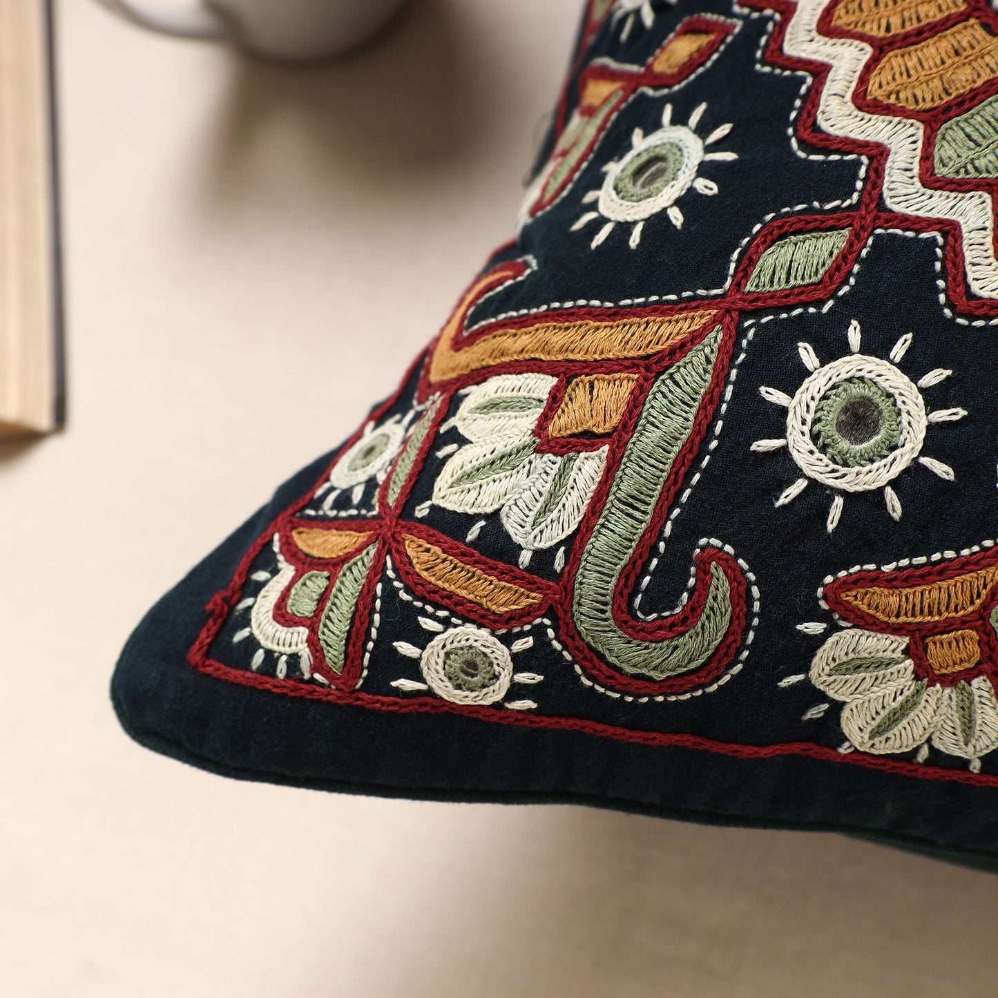 Black Kala Raksha Pakko Hand Embroidery Cotton Cushion Cover Online