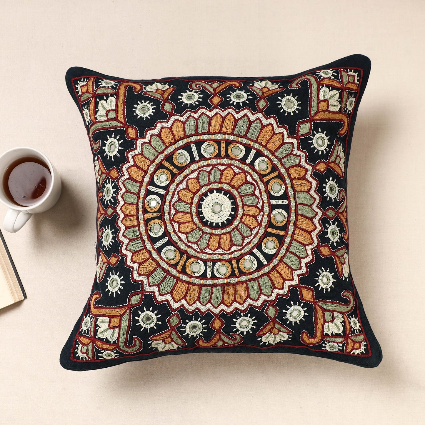 Black Kala Raksha Pakko Hand Embroidery Cotton Cushion Cover Online