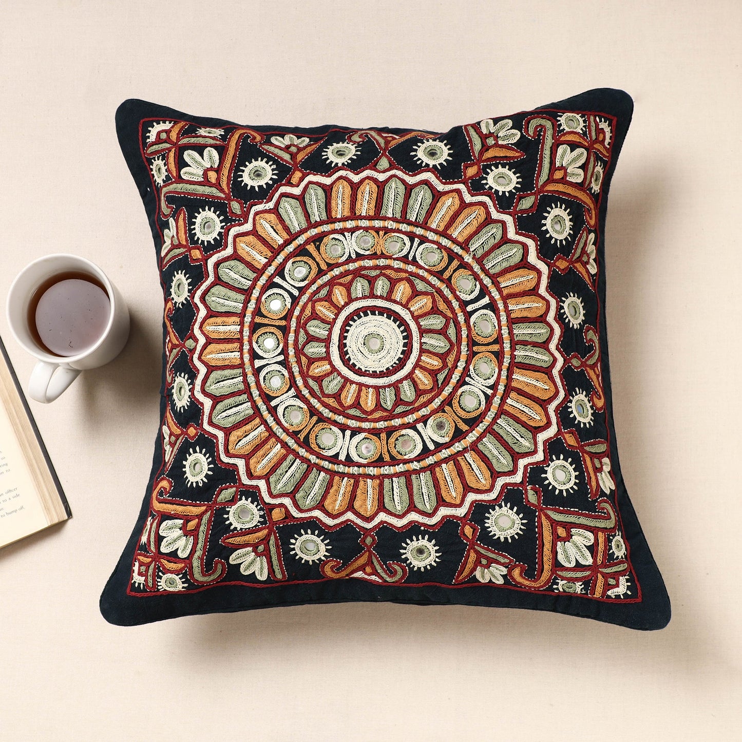 Black Kala Raksha Pakko Hand Embroidery Cotton Cushion Cover