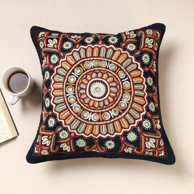 Black Kala Raksha Pakko Hand Embroidery Cotton Cushion Cover
