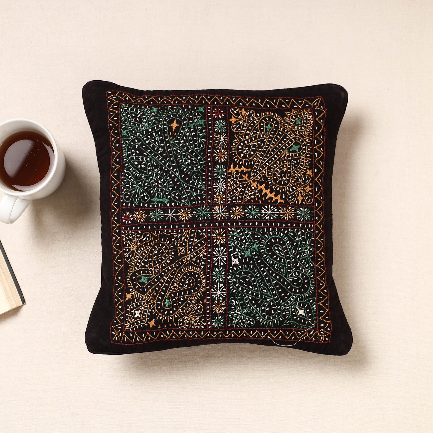 Black Kala Raksha Rabari Bakhiya Hand Embroidery Cotton Cushion Cover