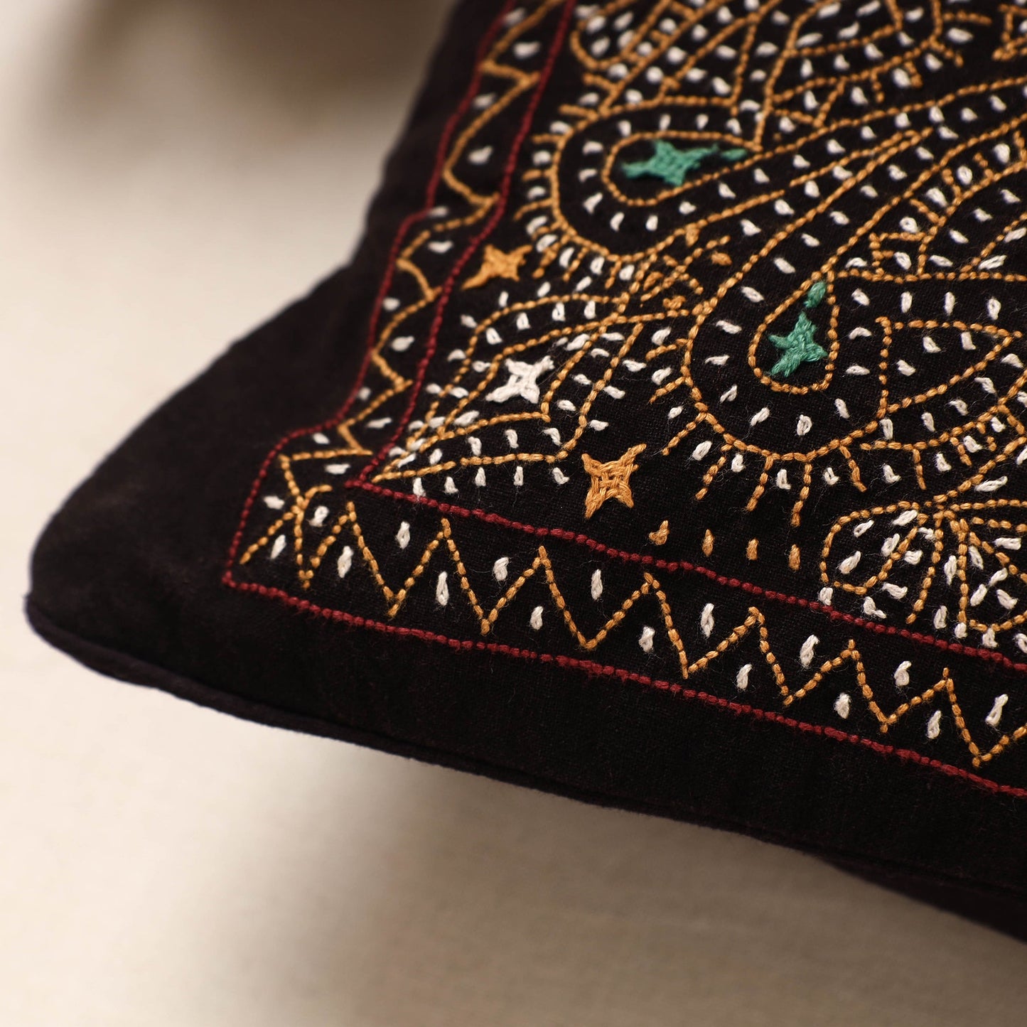 Black Kala Raksha Rabari Bakhiya Hand Embroidery Cotton Cushion Cover