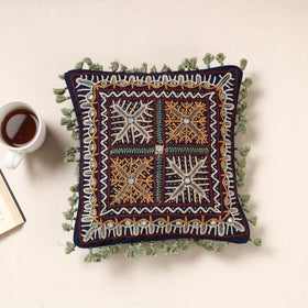 Black - Kala Raksha Rabari Hand Embroidery Cotton Cushion Cover (12 x 12 in)