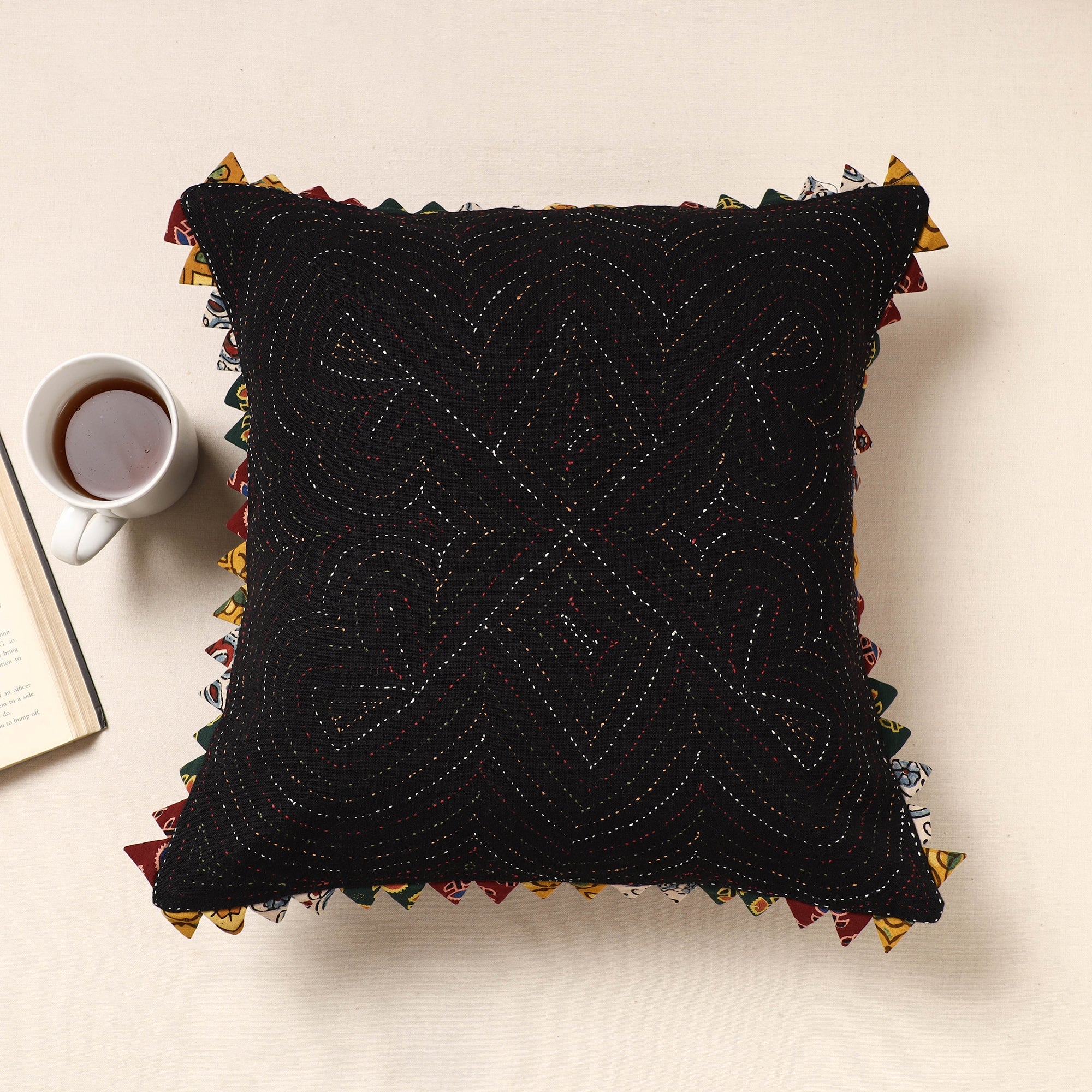 Black Kala Raksha Tagai Work Cotton Cushion Cover
