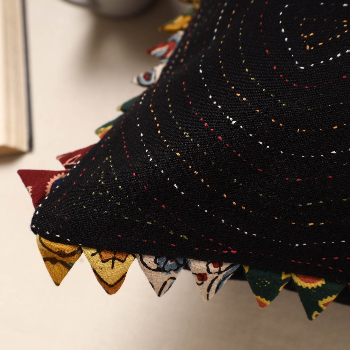 Black Kala Raksha Tagai Work Cotton Cushion Cover