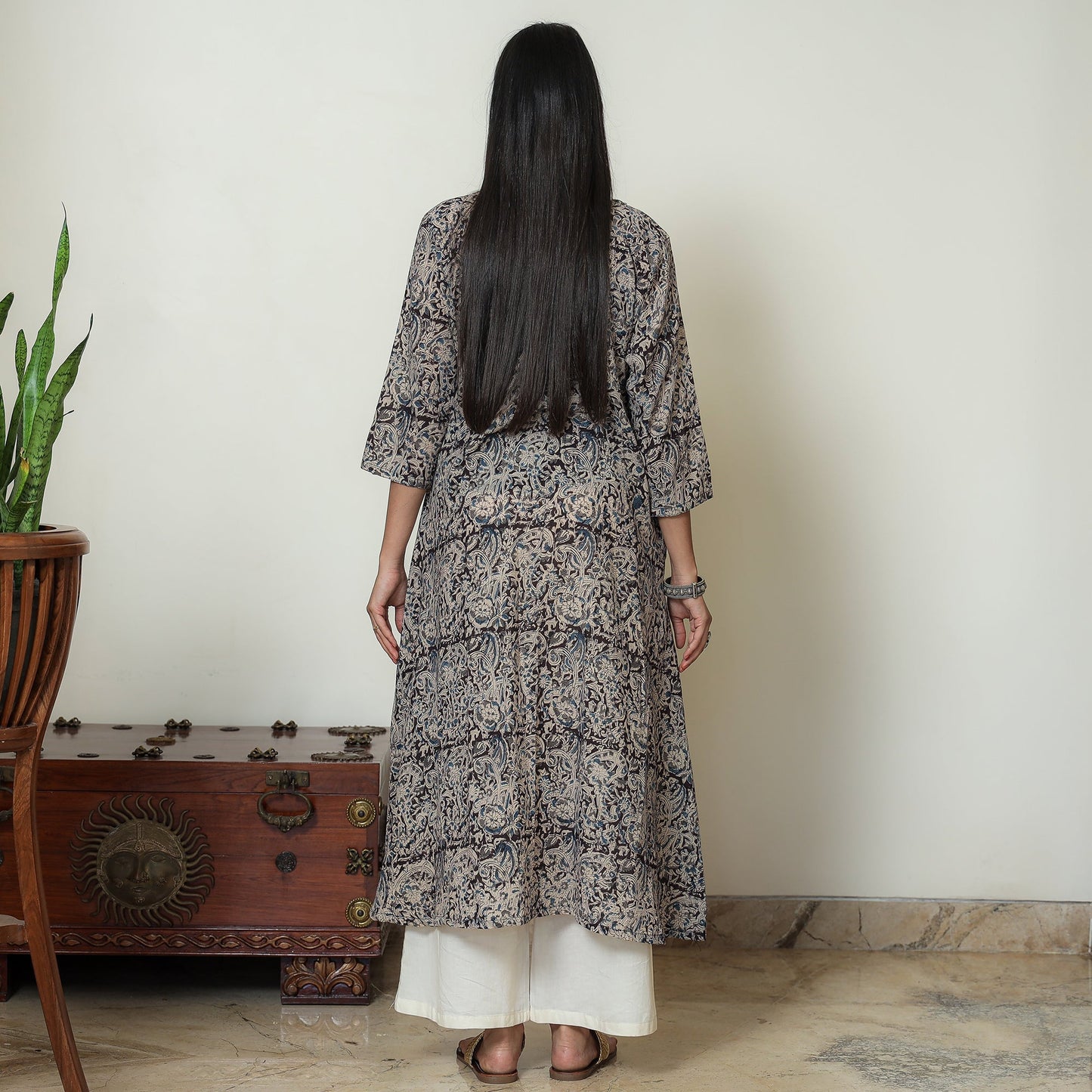Kalamkari Block Print Mul Cotton Pintuck A-Line Kurta For Women