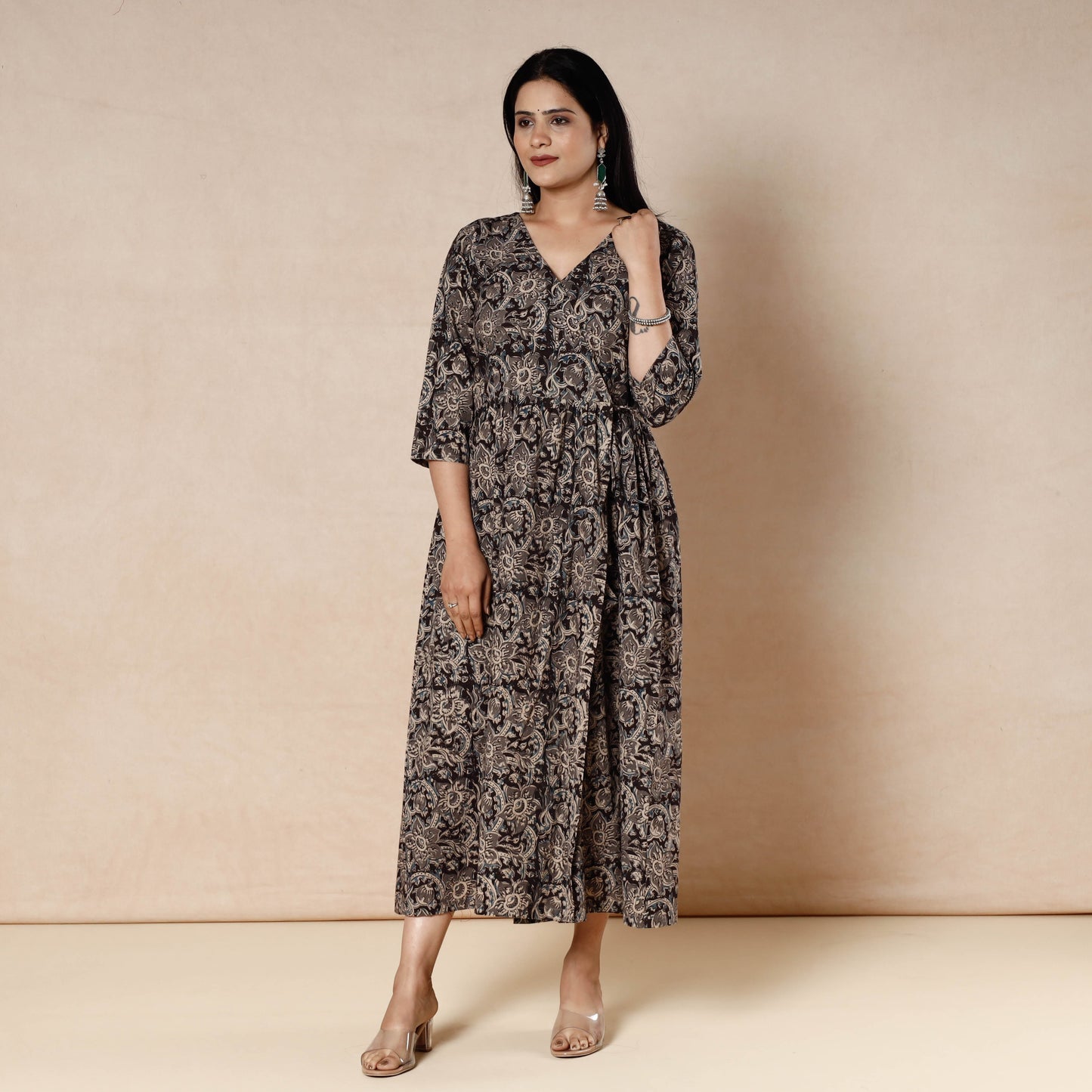 Black - kalamkari printed cotton flared dress - handcrafted