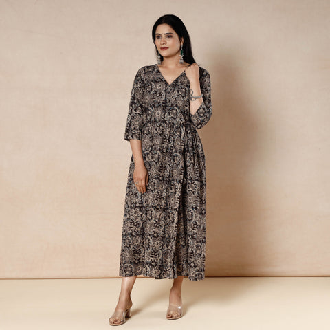 Black - kalamkari printed cotton flared dress - handcrafted
