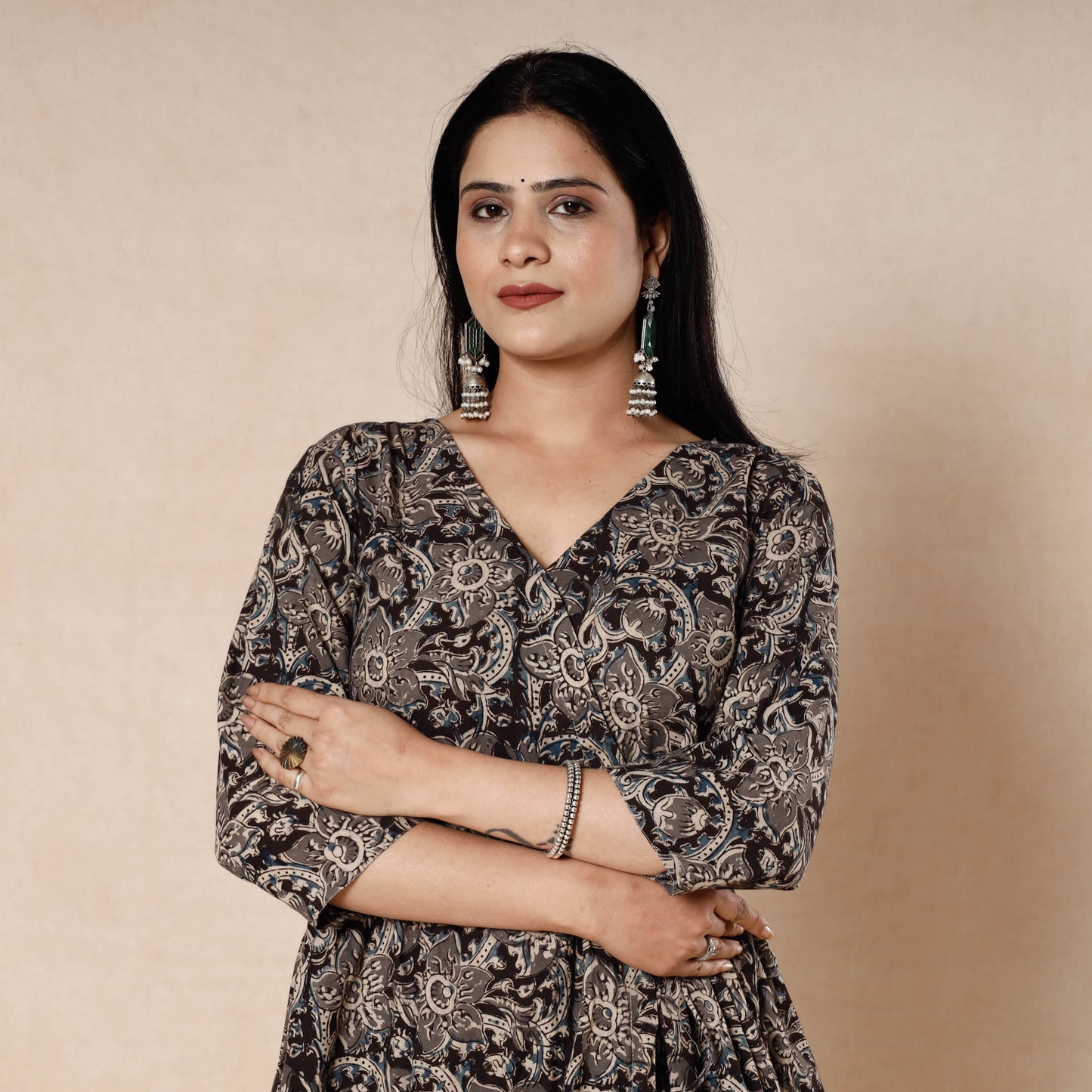 Black - kalamkari printed cotton flared dress - handcrafted