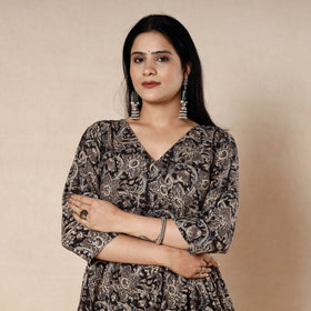 Black - kalamkari printed cotton flared dress - handcrafted