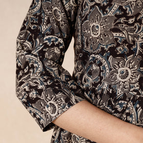 Black - kalamkari printed cotton flared dress - handcrafted