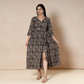 Black - kalamkari printed cotton flared dress - handcrafted