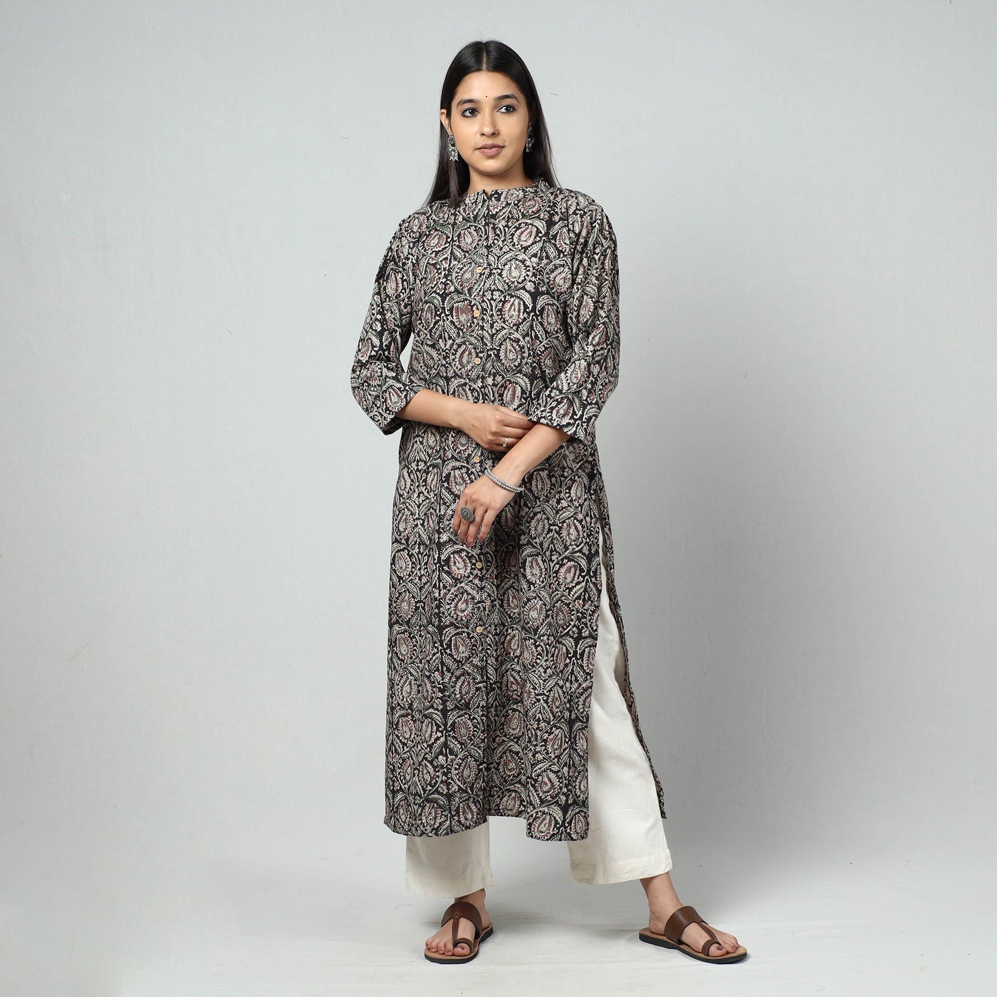 Black - kalamkari printed cotton long straight kurta