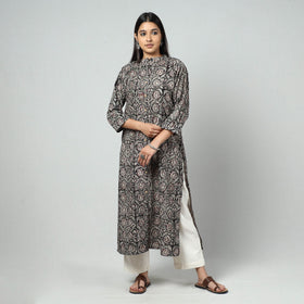 Black - kalamkari printed cotton long straight kurta