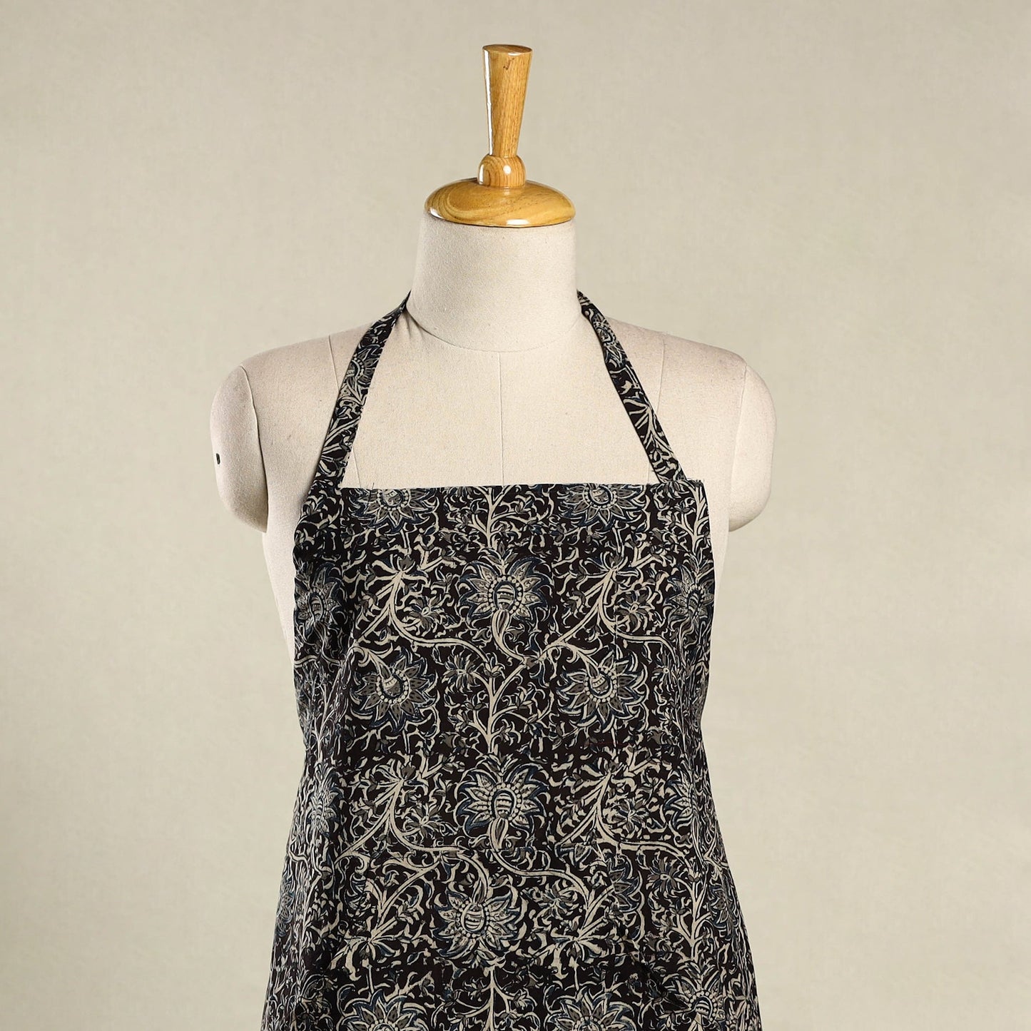 Black Kalamkari Block Print Cotton Apron with Pocket