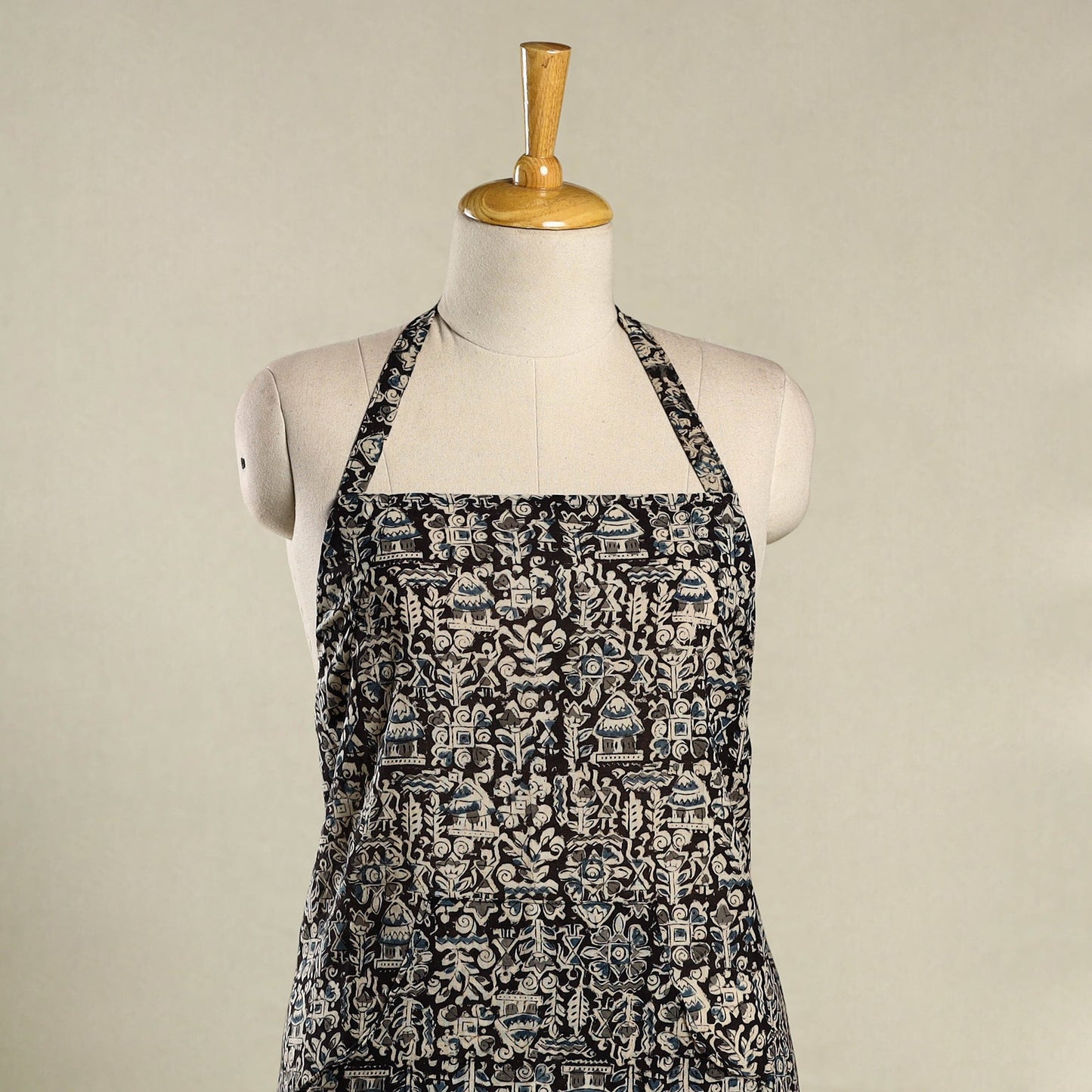 Black Kalamkari Block Print Cotton Apron with Pocket