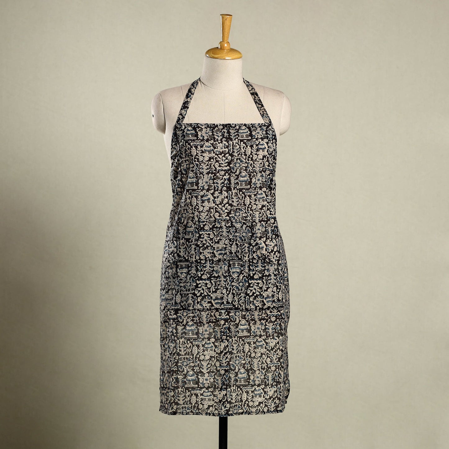 Black Kalamkari Block Print Cotton Apron with Pocket