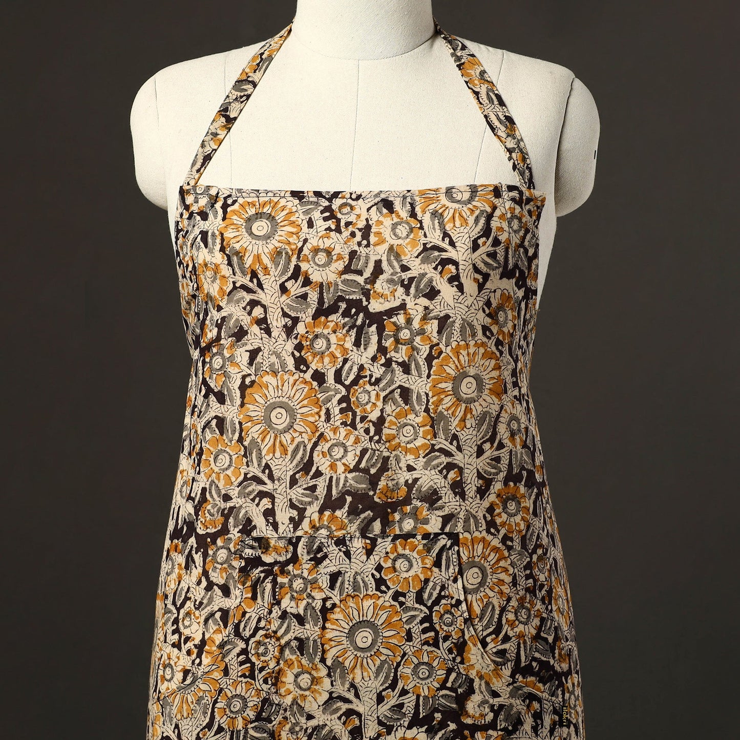 Black - kalamkari cotton apron with pocket 44 - handcrafted