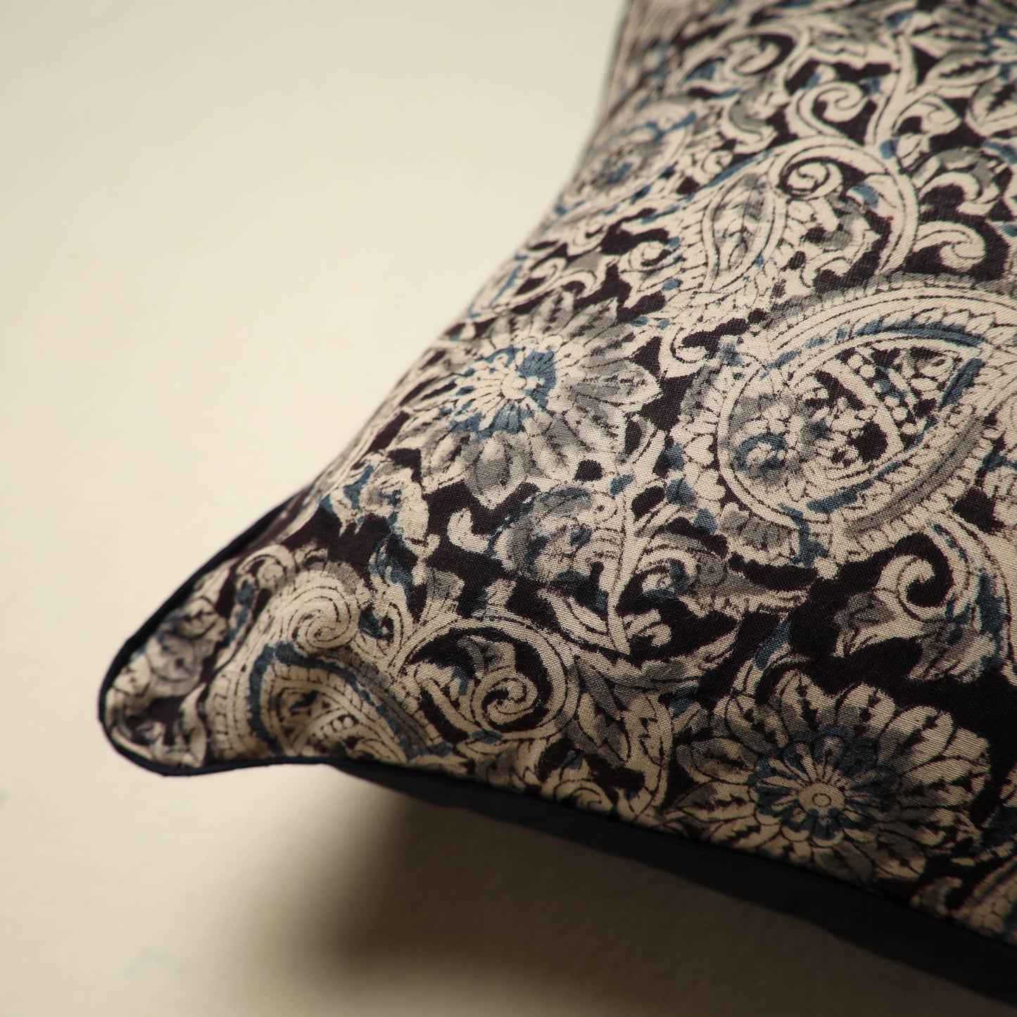 Black Kalamkari Block Print Cotton Cushion Cover