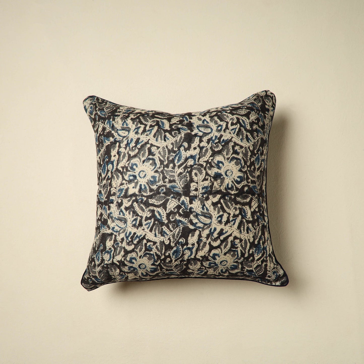 Black Kalamkari Block Print Cotton Cushion Cover