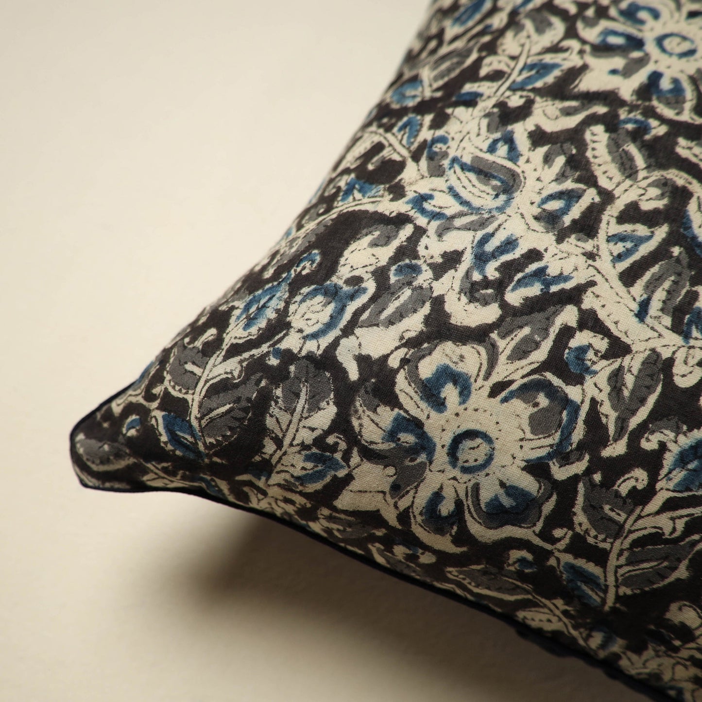 Black Kalamkari Block Print Cotton Cushion Cover
