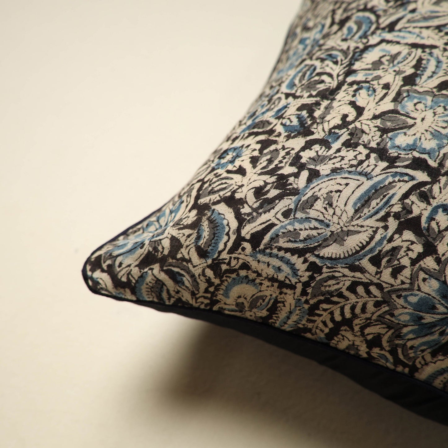 Black Kalamkari Block Print Cotton Cushion Cover