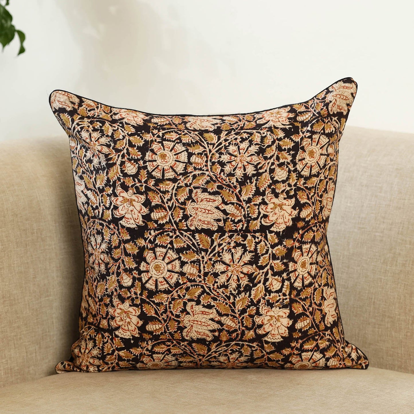 Black Kalamkari Block Print Cotton Cushion Cover