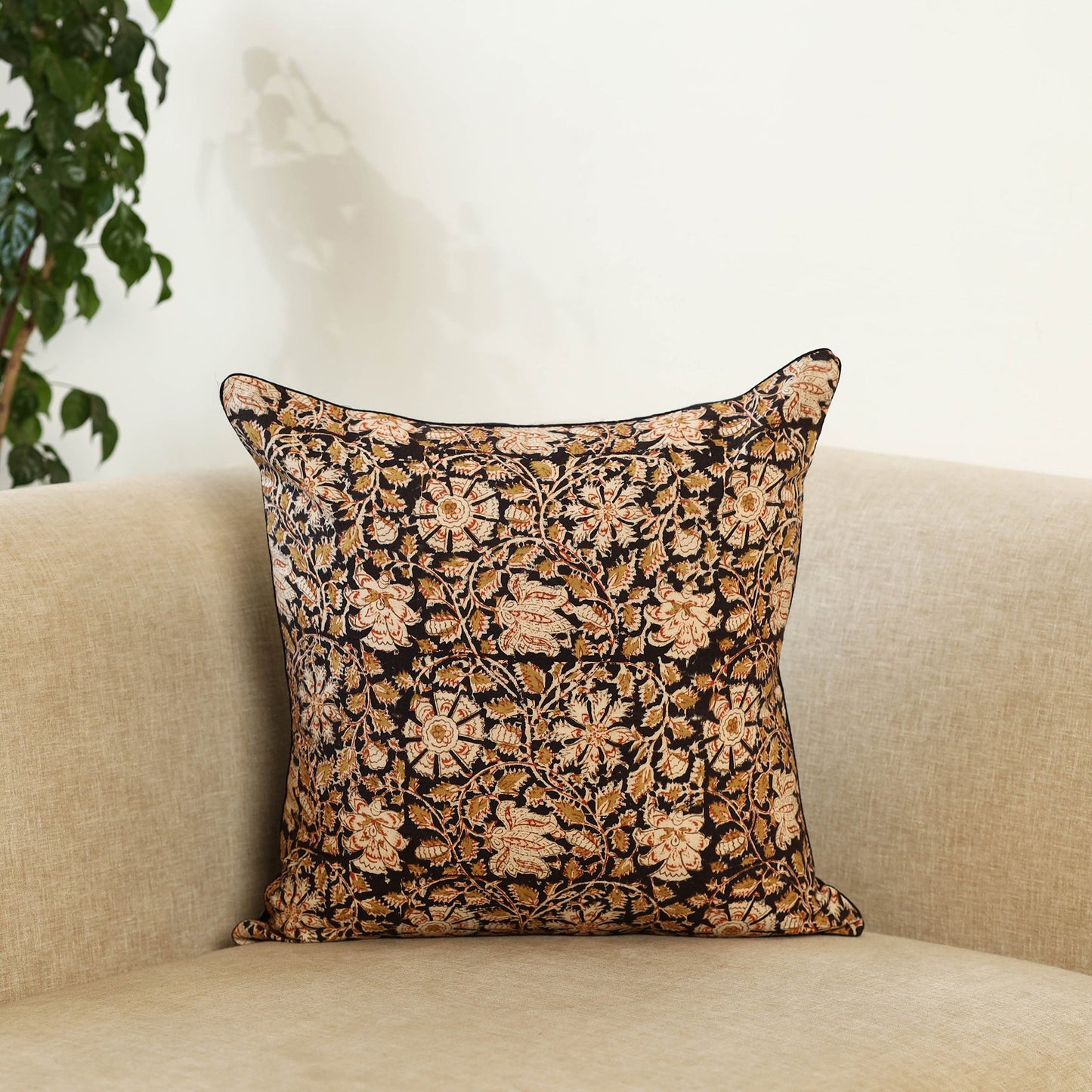 Black Kalamkari Block Print Cotton Cushion Cover