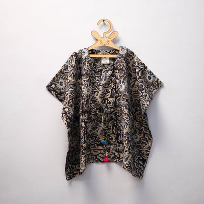 Black Kalamkari Block Print Cotton Kids Kaftan (3-4 Years)
