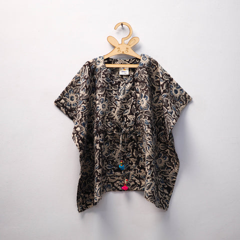 Black Kalamkari Block Print Cotton Kids Kaftan (3-4 Years)