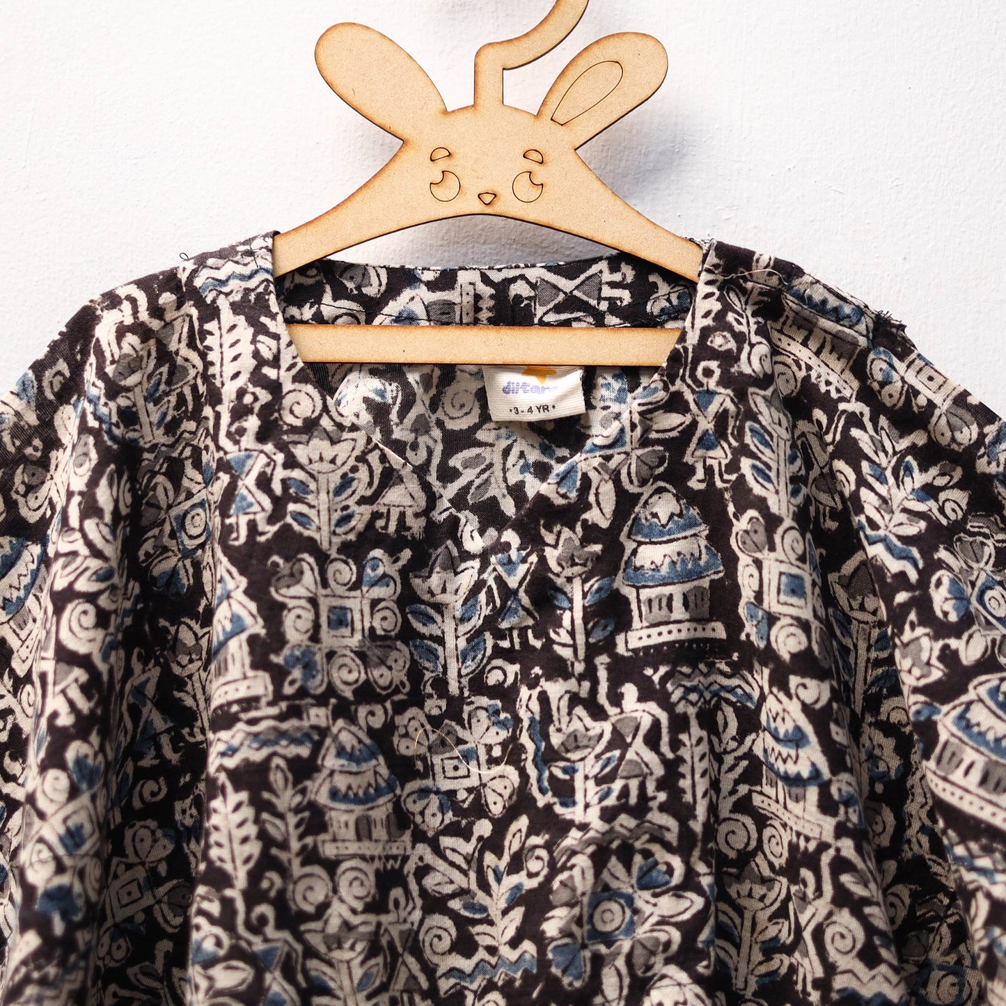 Black Kalamkari Block Print Cotton Kids Kaftan (3-4 Years)