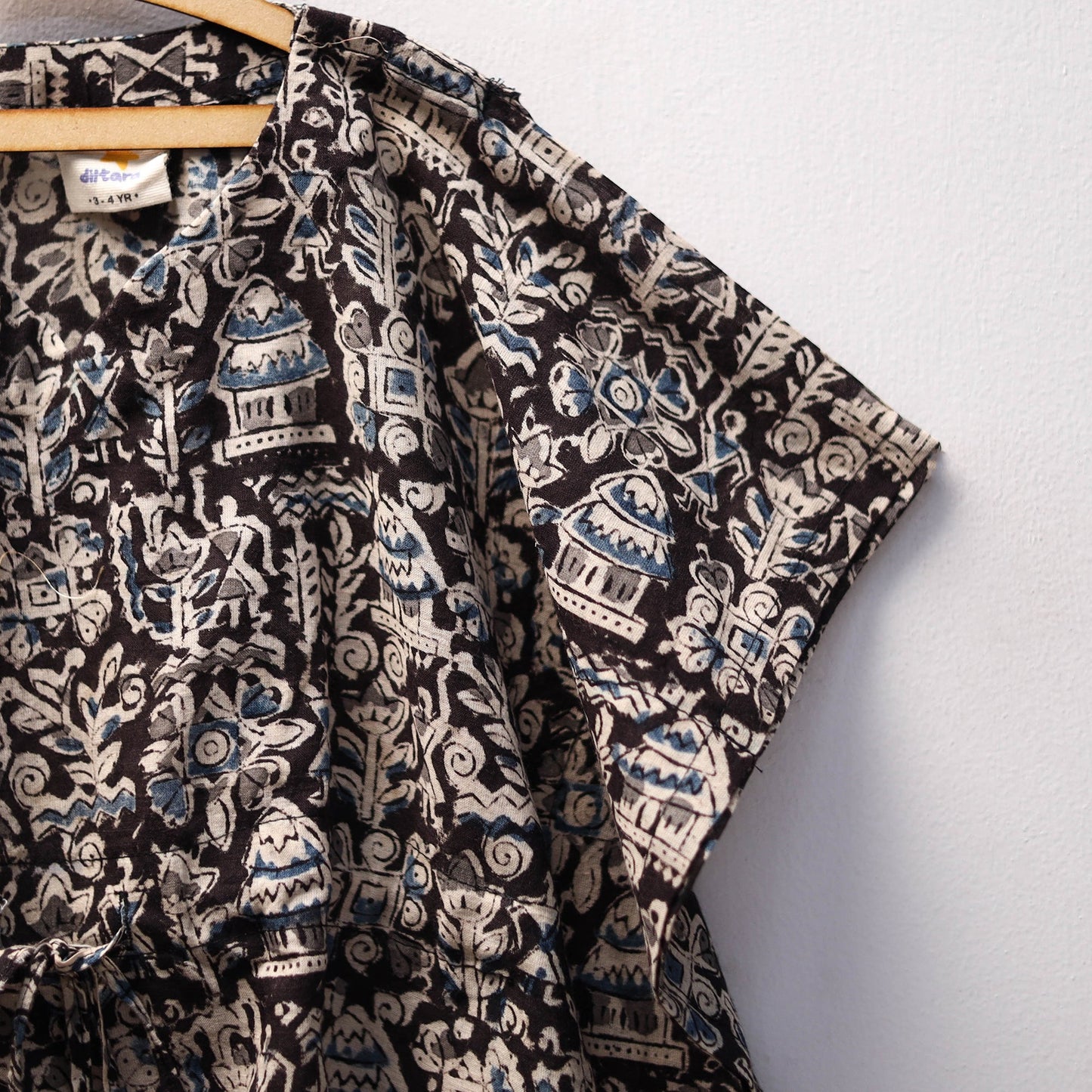 Black Kalamkari Block Print Cotton Kids Kaftan (3-4 Years)