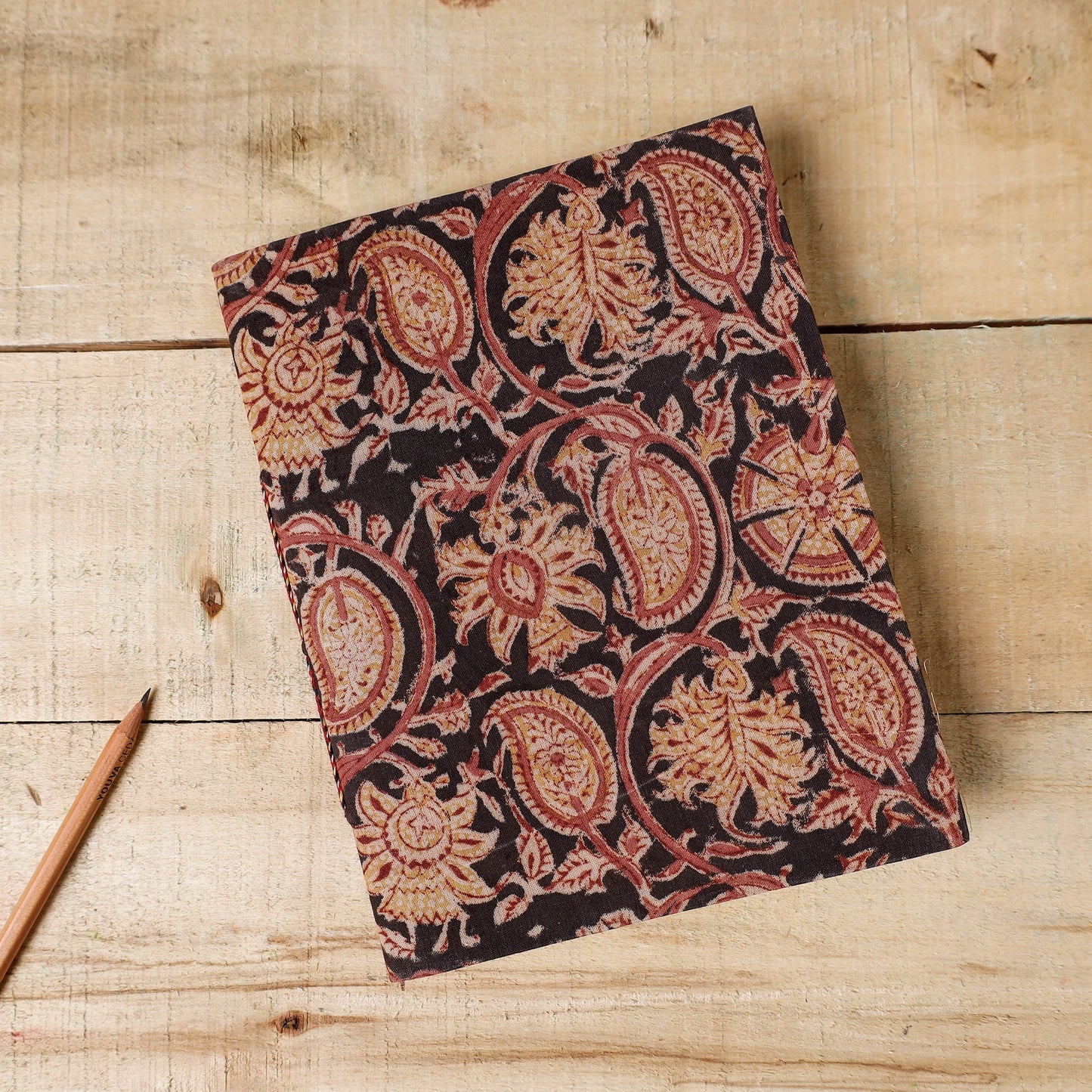 Black - Kalamkari Fabric Cover Handmade Paper Notebook (9 x 7 in)