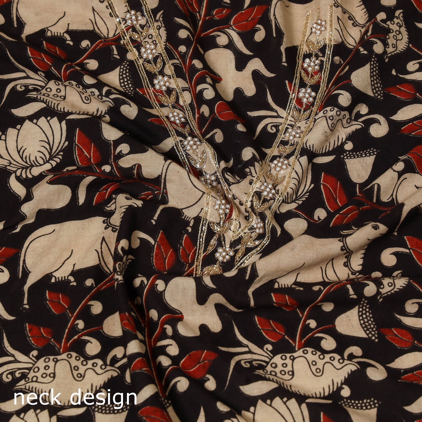 Black Kalamkari Print Hand Embroidery Cotton Blouse Piece