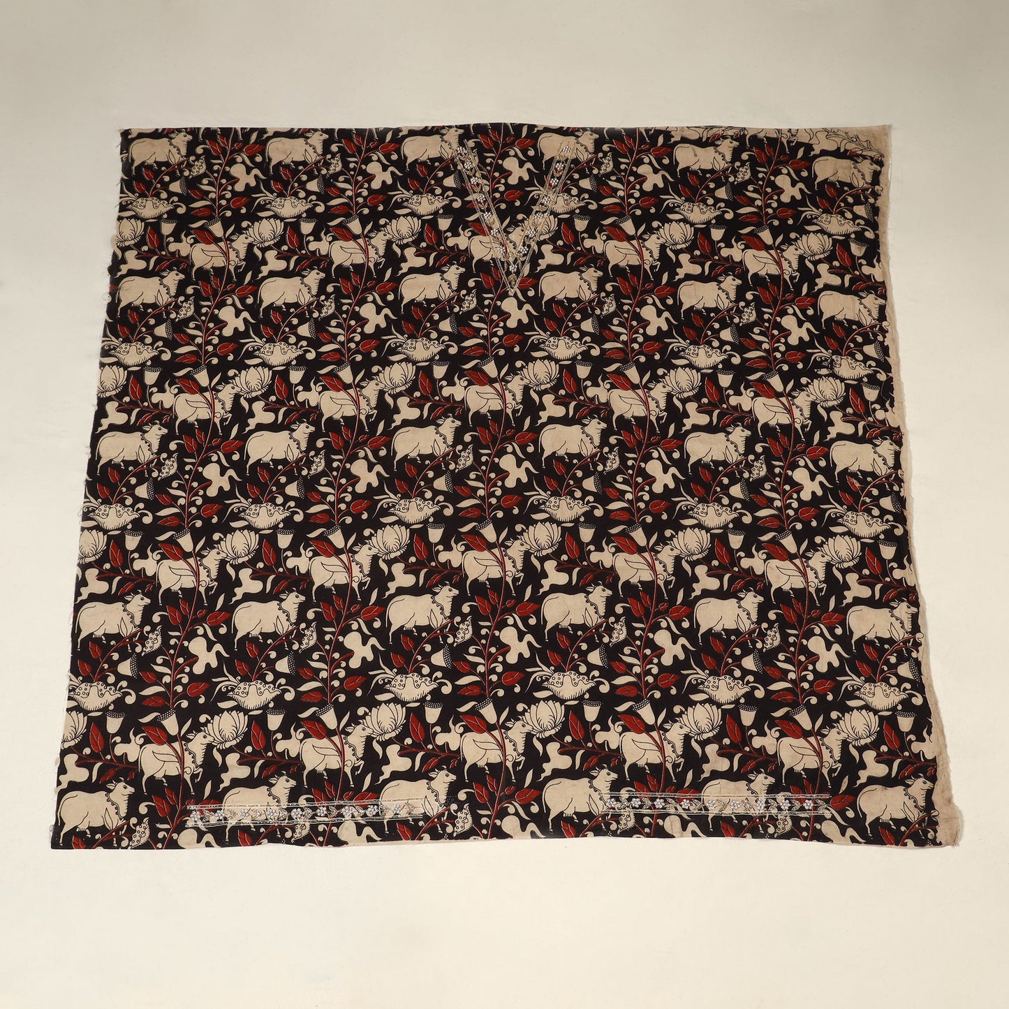 Black Kalamkari Print Hand Embroidery Cotton Blouse Piece