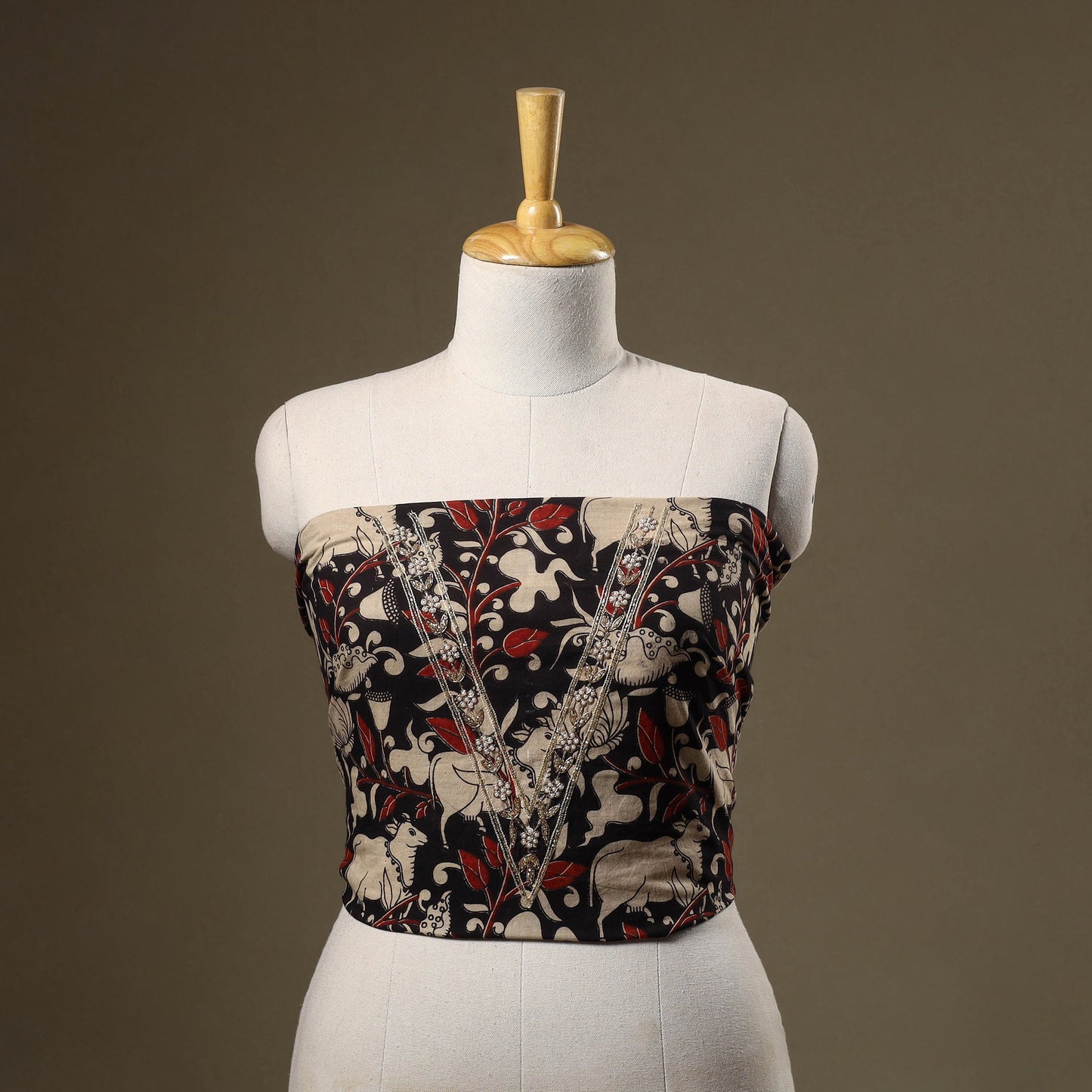 Black Kalamkari Print Hand Embroidery Cotton Blouse Piece