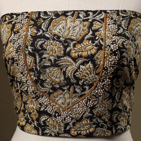 Black Kalamkari Print Hand Embroidery Cotton Blouse Piece